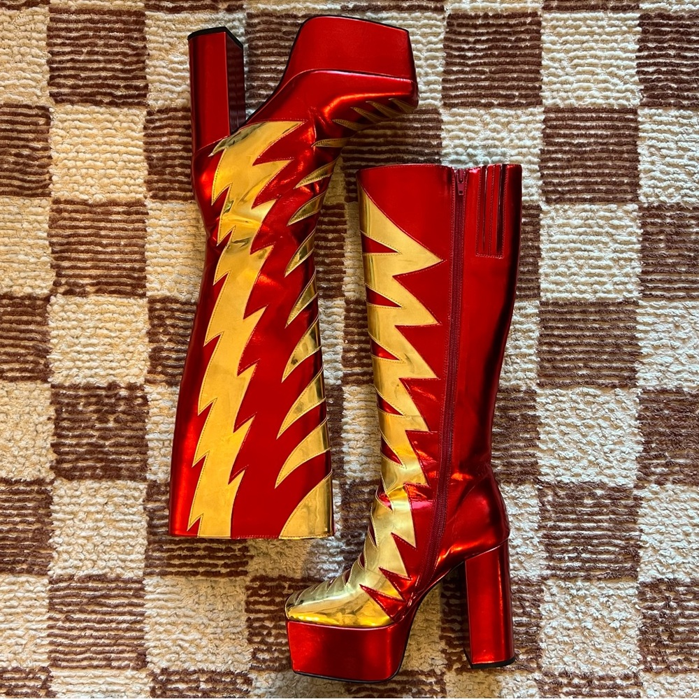 Jeffrey Campbell Kiss This Knee High 70s Style Platform Boot Metallic Red Gold